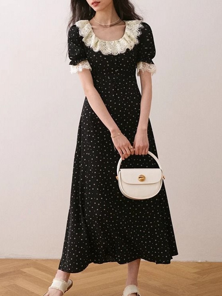 Midi Skirt Floral - Elegant Lace Floral Short Sleeve Midi